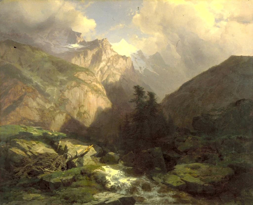 The Jungfrau massif at dawn — Eiger, Mönch, and Jungfrau catching the first alpenglow above Interlaken, their peaks turning from grey to rose to brilliant gold, the Lauterbrunnen Valley a corridor of waterfalls and green pastures in the foreground