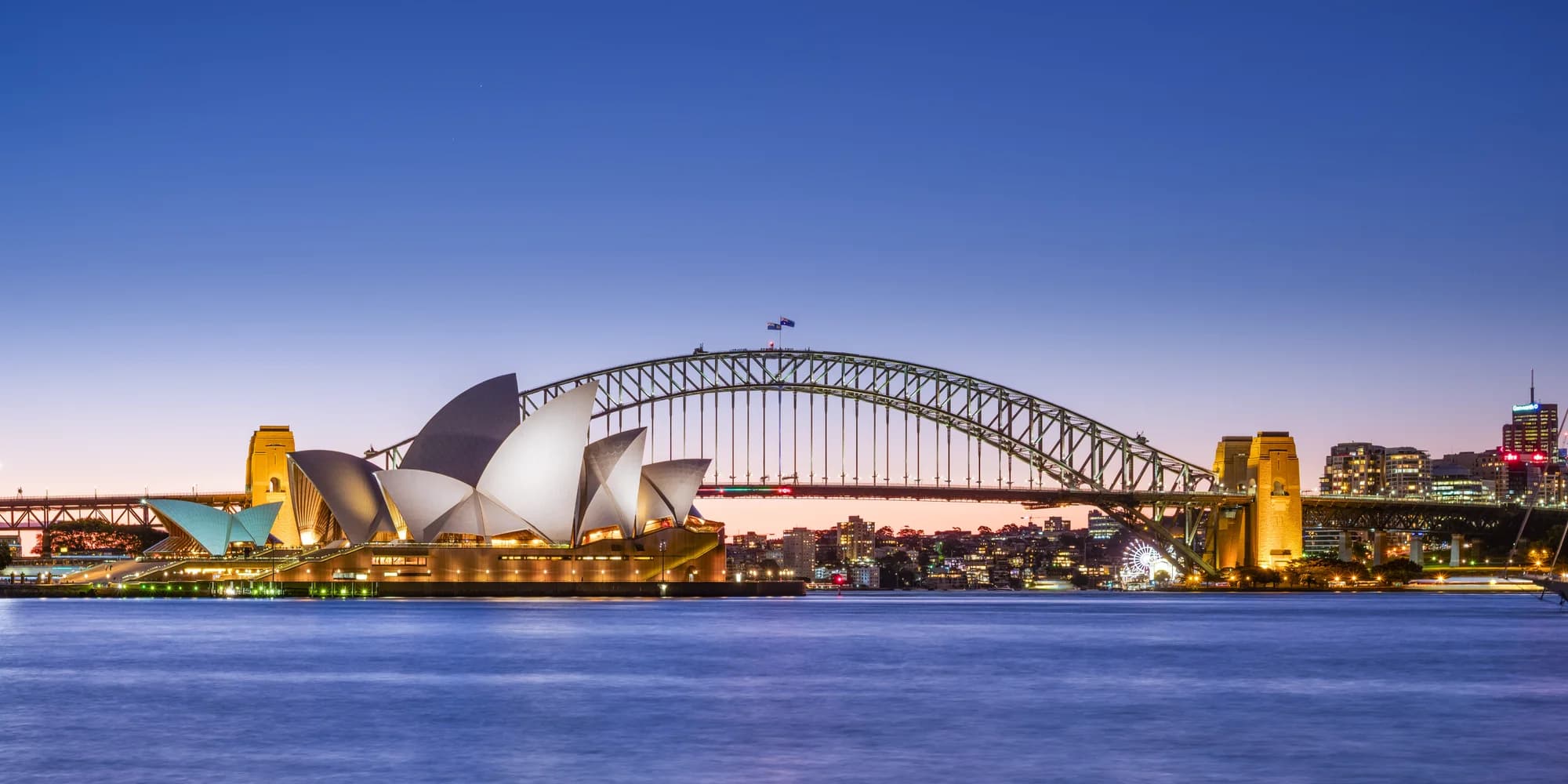 The giraffe enclosure at Taronga Zoo — two reticulated giraffes at their feeding station, the Sydney Opera House and Harbour Bridge perfectly framed behind them across the blue water of Port Jackson, a keeper in khaki explaining the zoo's breeding programme to a rapt group of visitors