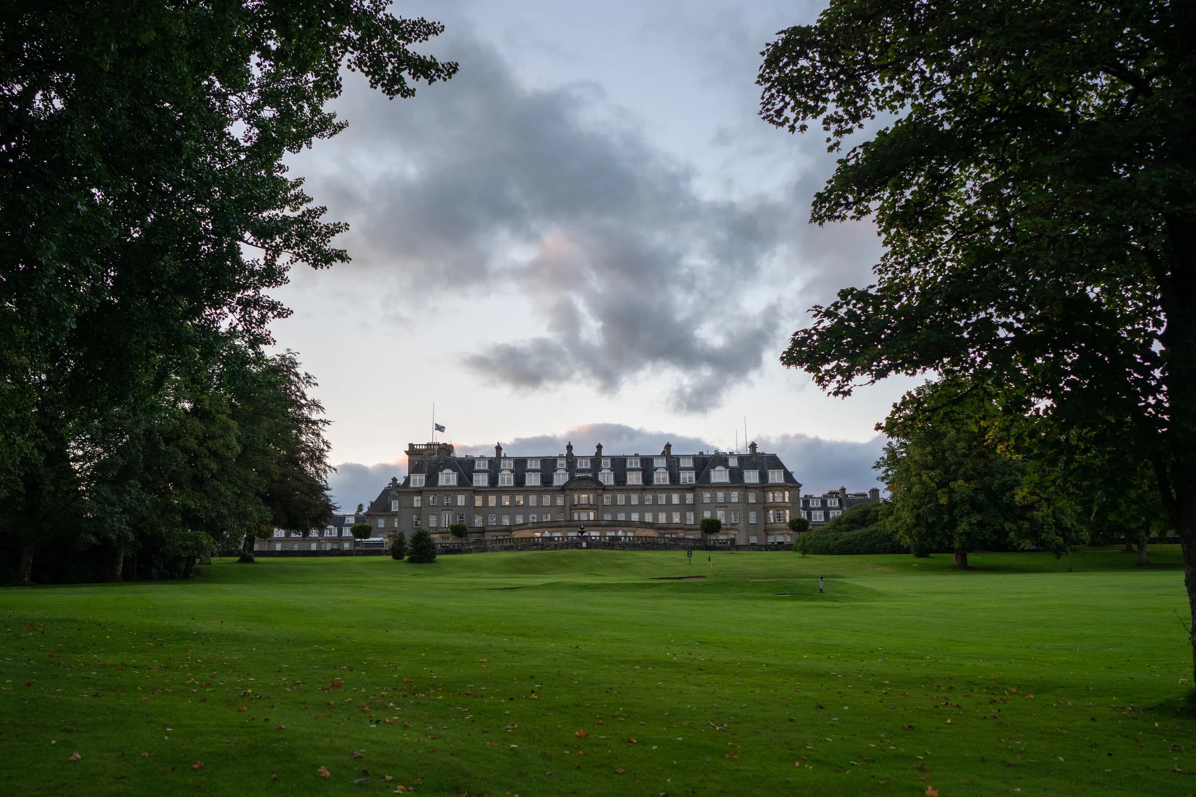 Gleneagles Hotel grand chateau facade and manicured Perthshire grounds in Auchterarder, Scotland