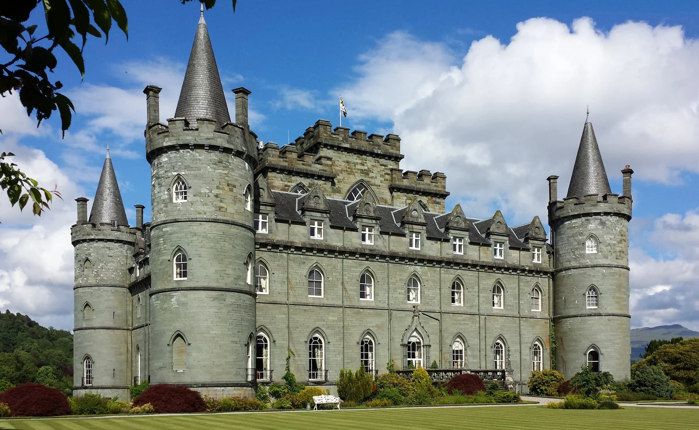 Inveraray Castle southwest Gothic Revival facade and circular corner towers in Argyll, Scotland